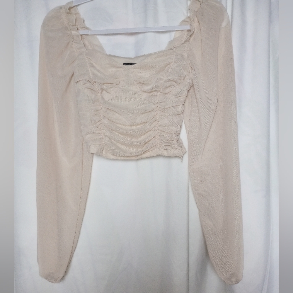 Forever 21 Cream Ruched Bodice Shirt Scandi Baddie Fairy Poet Mesh Sleeves Crop